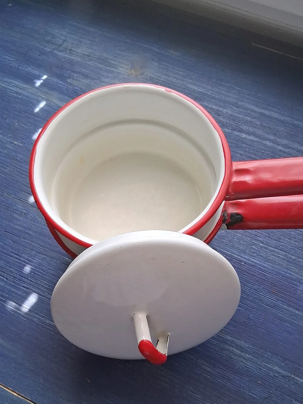 Vintage White Enamel Double Boiler with Red Trim and Handles